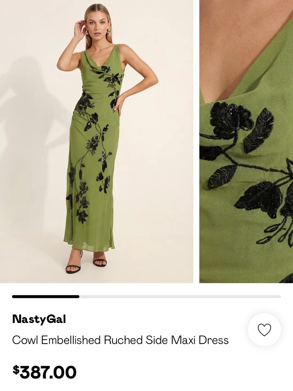 Nasty Gal Olive Maxi Dress with Black Floral Embroidery